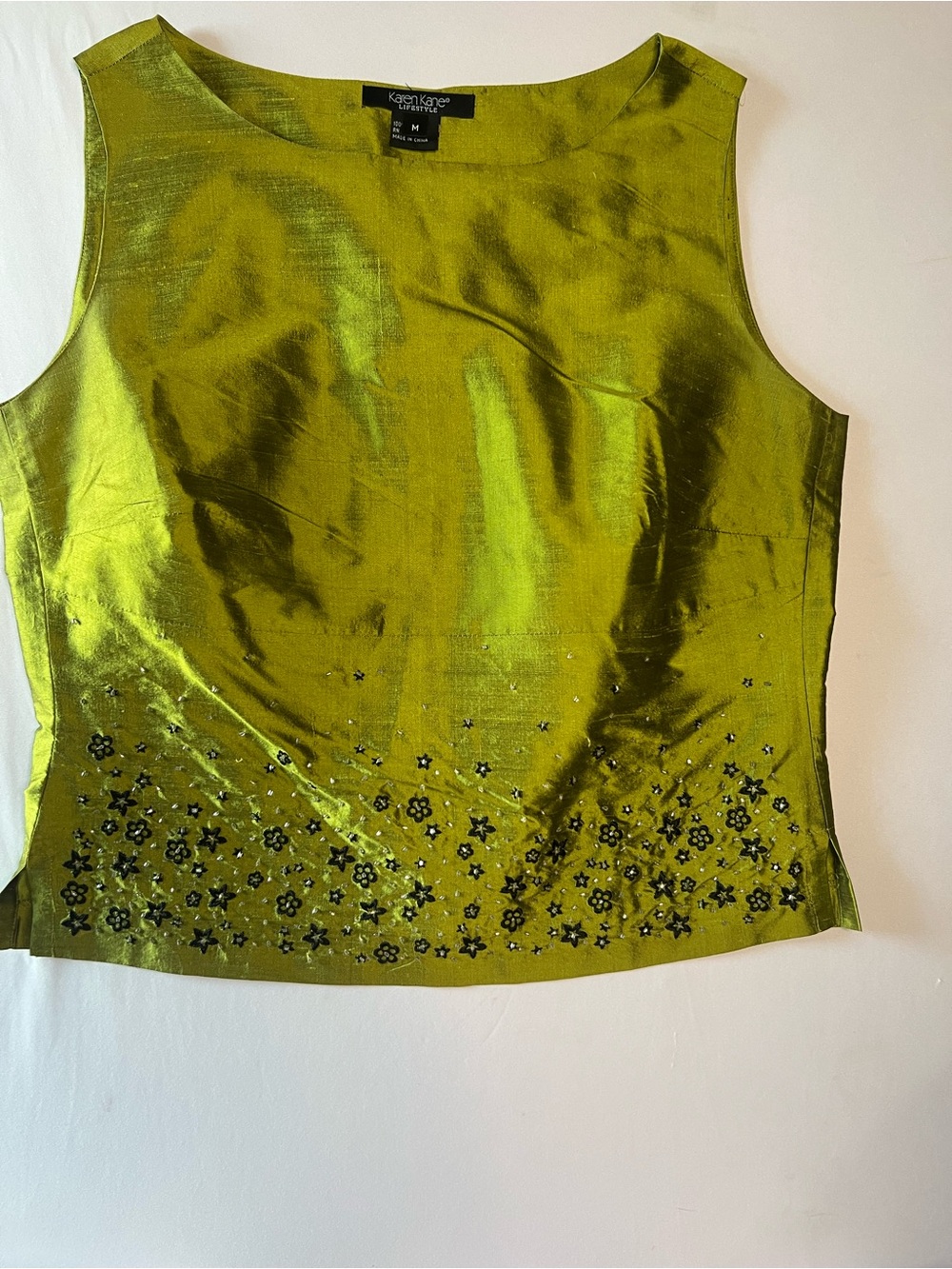 Y2K Karen Kane Olive Green Sleeveless Embellished Silk Top